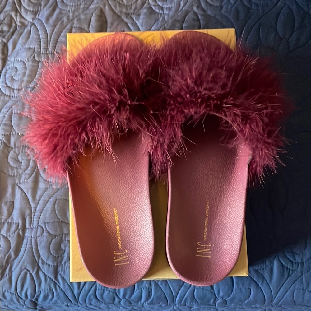 INC Burgundy Fur Slippers